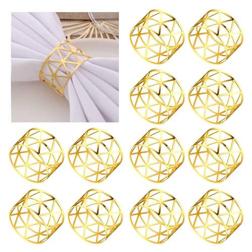Elvielsl 12 Pcs Napkin Rings, Metal Napkin Ring Holders Gold Silver Hollow Triangle Table Napkin Rings Napkin Holder Buckles for Wedding Xmas Party Dinning Table Decoration (Gold, 12 Piece)