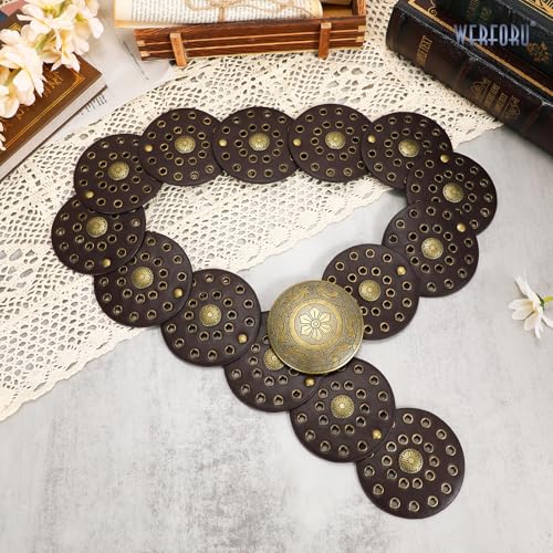 Image of WERFORU Women Wide Western Disc Belt Cowgirl Boho Leather Belt for Jeans Dress