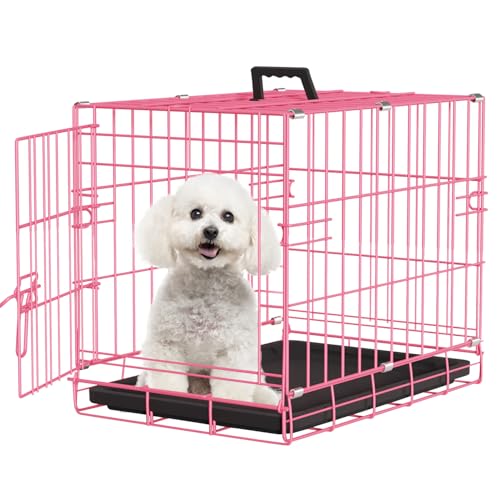 FDW Dog Crate for Small Dogs 18 Inch Folding Metal Wire Pet Cage Single Door W/Divider Panel Indoor Outdoor Kennel Leak-Proof Plastic Tray Pink