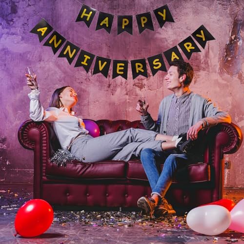 Image of Happy Anniversary Banner Black Banner,Hanging Sign Garland for wedding Birthday Party Ceremony Decoration
