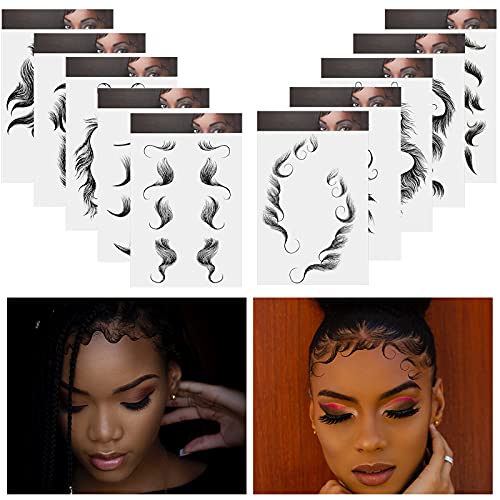 10 Sheets Baby Hair Tattoo Stickers Hair Edge Tattoo 10 Styles Hairline Stickers Curly Hair Waterproof Template Hair Stickers Fake Hair Tattoo Temporary Makeup Stickers for Women Girls DIY Makeup