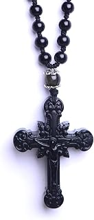 Black Obsidian Cross Necklace, Natural Obsidian Cross Healing Crystal Energy Stone Protection Amulet Charm Pendant Necklace for Women Men Girl Boy Couples Pendant Necklace with Adjustable Bead Chain