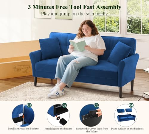 Image of Loveseat Sofa, 69 inch Love Seat Couches, Comfy Velvet Small Couches for Small Spaces with 2 Pillows, Tool-Free Setup Sofas & Couches, 700lb Load Sofas for Living Room, Mini Couch for Bedroom, Blue Couch