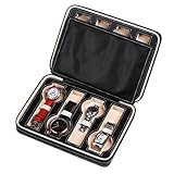 ONEISALL Travel Watch Case for Men Women Leatherette Portable Zippered Watch Display Box Organizer (8 Grids Black)