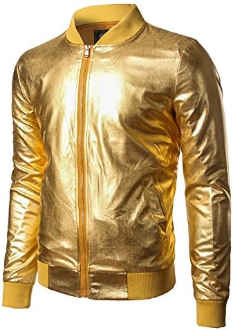 JOGAL Men's 70s Disco Metallic Party Costume Varsity Bomber Jacket