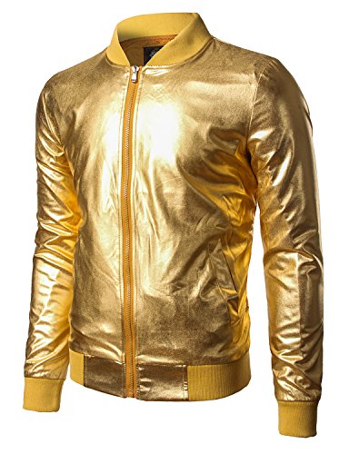 JOGAL Mens Metallic Nightclub Styles Zip Up Varsity Baseball Bomber Jacket