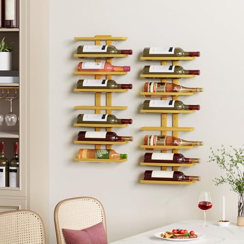 Image of Hoctieon 3-Set 8 Tier Wall Mount Wine Rack (24 Tiers), Wall Racks for Wine Bottles Display and Storage, Hanging Bottle Organizer for Living Room, Dining Room, Wine Cellar, Bar, Gold