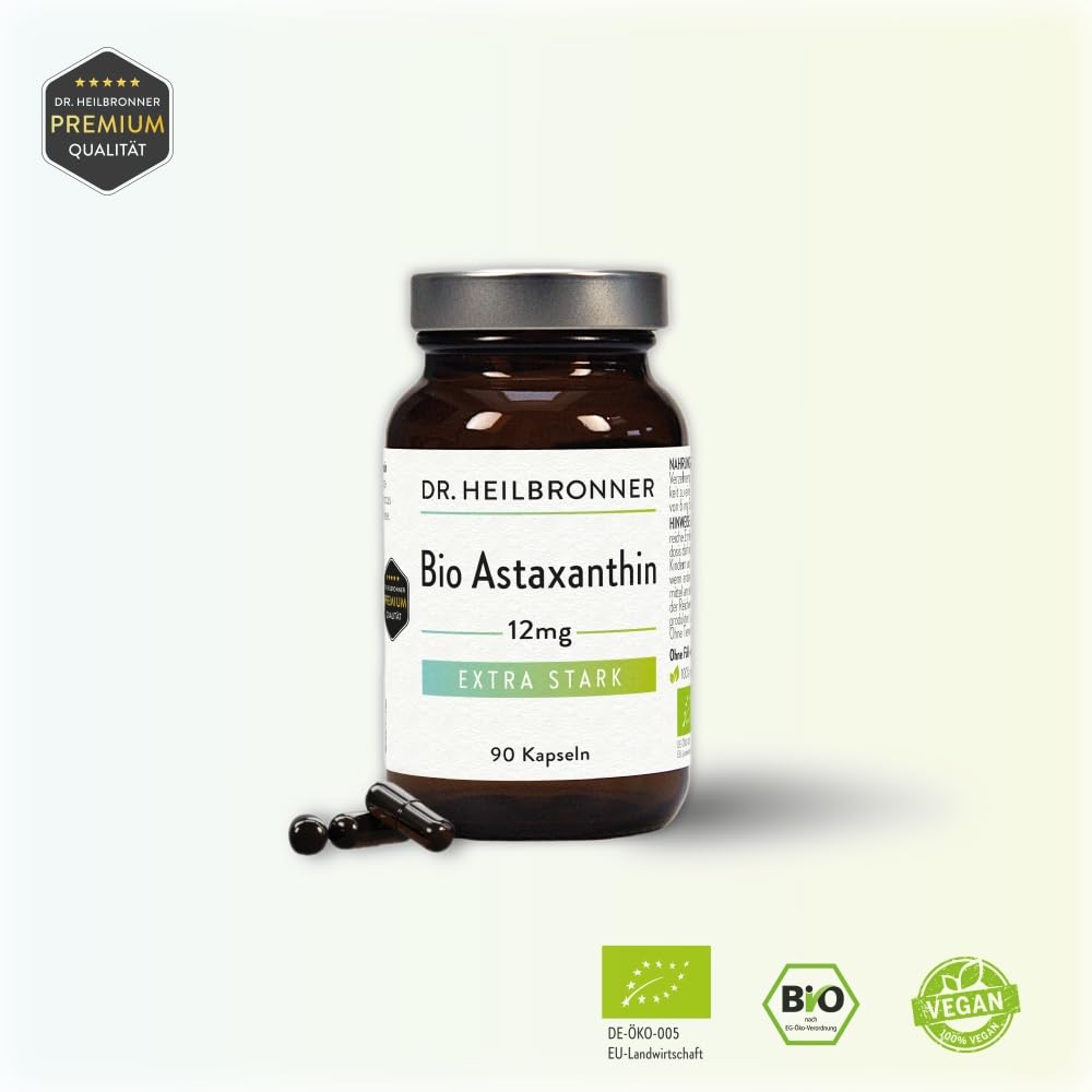 Dr. Heilbronner Astaxanthin 12mg Kapseln hochdosiert in der Glasflasche 90 Stk. I Antioxidantien aus der Vitalalge Haematococcus Pluvialis I Supplements Carotinoide vegan glutenfrei & lactosefrei