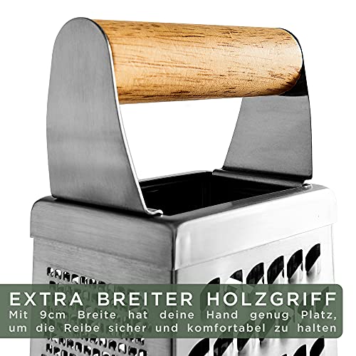 Foto von WALDWERK Design Reibe (24,5x10,5cm) - Gemüsehobel aus Edelstahl mit geätzten Schneiden - Käsereibe mit Auffangbrett aus Echtholz - Plastikfreie Küchenreibe