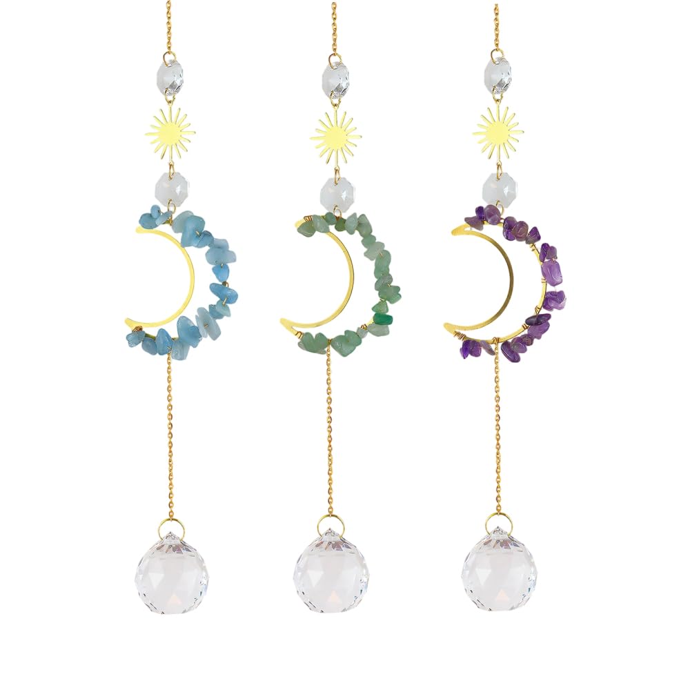 3PCS Moon Crystal Suncatcher, Colorful Prism Sun Catcher, Hanging Crystal Ornament for Window Home Indoor Courtyard Garden Layout Decor