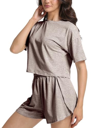 Image of Split Short Pajama Set Soft Women's Striped Pajama Sleeve Tee & Elastic Waist Shorts Summer Lounge Sleepwear