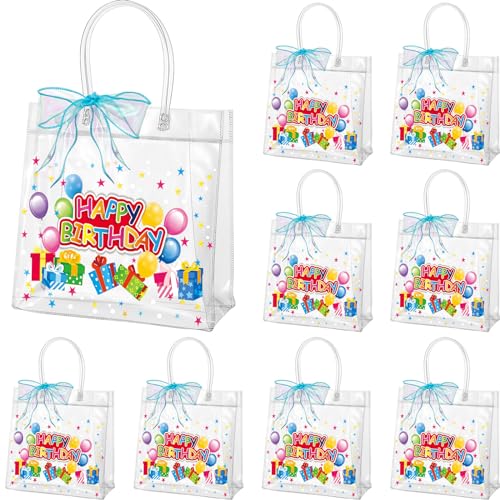Henoyso 透明ハッピーバースデーギフトバッグ12個 プラスチックグッディキャンディートバッグ PVCパーティー記念品トート ハンドル付き 7.8 x 7.8 x 3.1 ギフトラップトートの商品画像（Amazon）