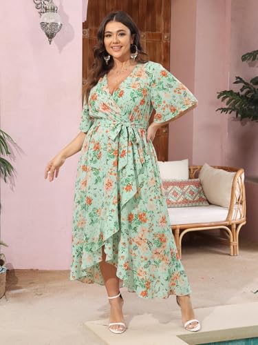 Image of SCOMCHIC Women Plus Size Maxi Dress Short Sleeve Wrap V Neck High Low Split Ruffle Long Dress