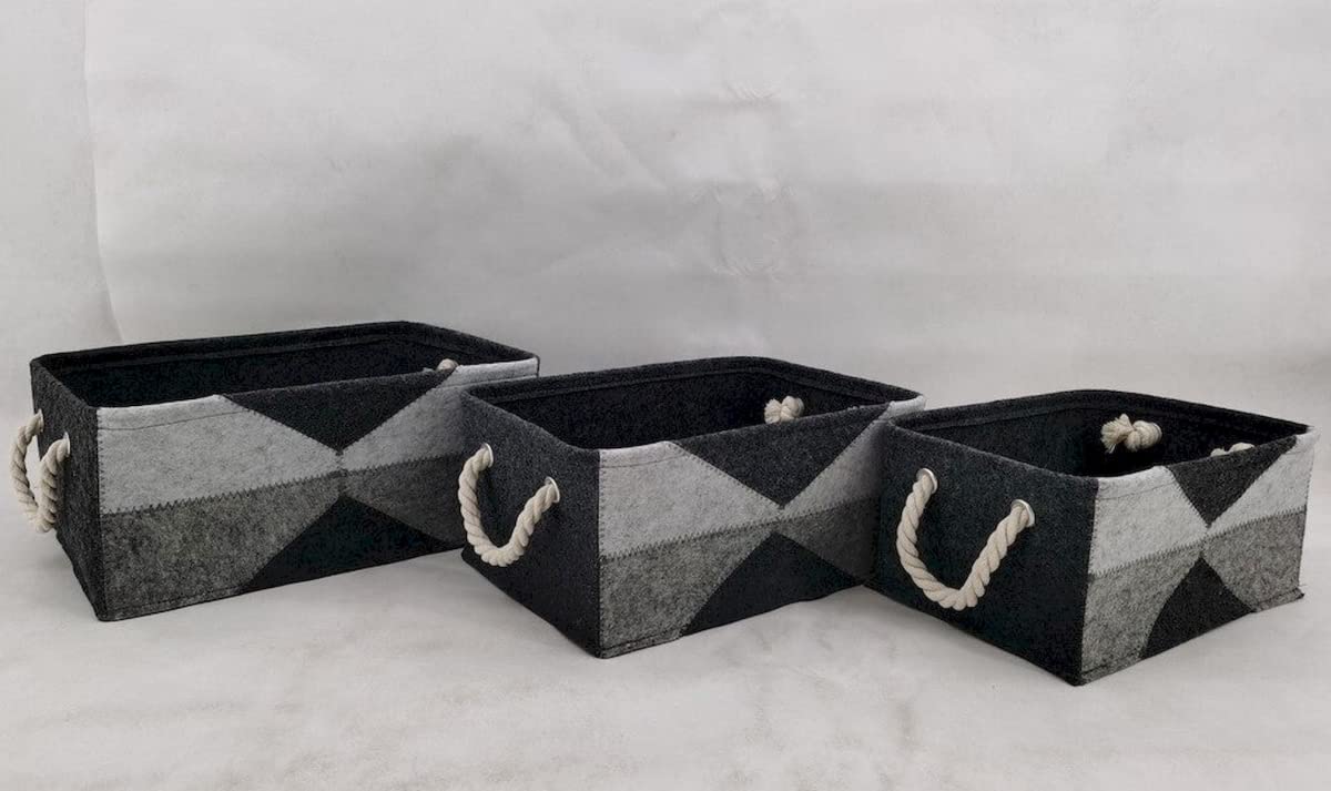 Black & Gray Fabric with Rope Handles Baskets Set of 3