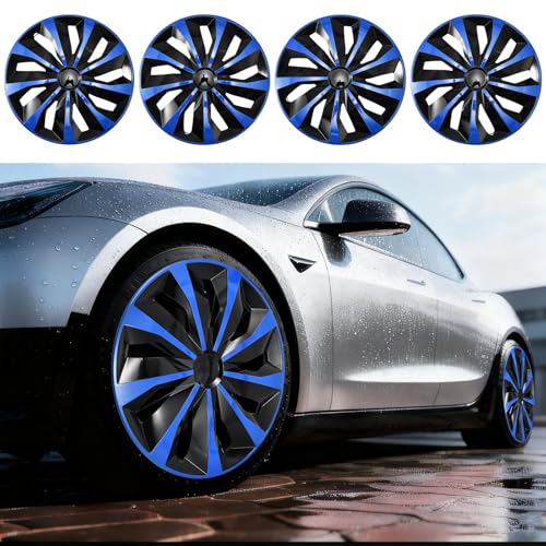 Image of Black with Blue Hubcap Wheel Cover Replacement Kit 17 inch Hub Caps Wheel Rim Cover Car Exterior Accessories Pack of 4, 17 Inches