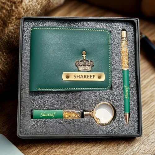 Image of Teak Wood Customized Leather Wallet Pen Keychain Gift Set for Men with Name, Personalized Brown Purse Combo, Stylish Gift for Husband, Boyfriend - Mens Wallets, Wallets for Man, Men Wallet Green