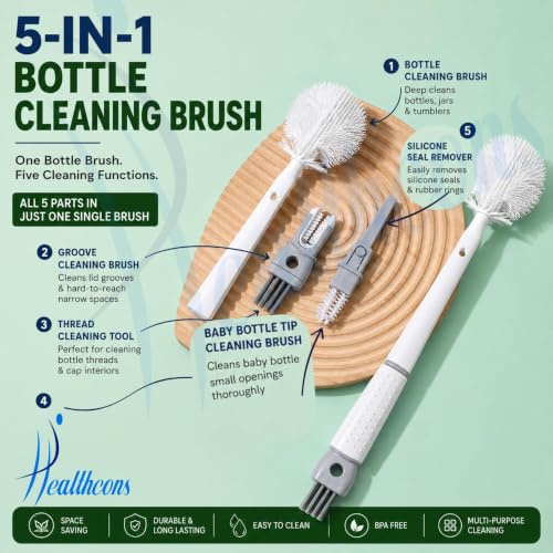 Image of 5 in 1 Bottle Cleaning Brush Set with Long Handle for Water Bottle, Baby Bottle, Flask & Glass Cleaning | Multifunctional Bottle Cap Cleaner Brush Set (Large, 1, Count)