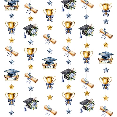 Image of Blue Gold Graduation Party Hanging Streamer Floral Navy Gold Star Grad Cap Garland Banner for Congrats Grad You Did It Class of 2026 We are So Proud of You Themed Graduation Party Decorations Supplies