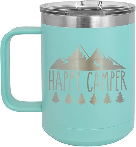 Miniatura 1 de Taza de café HAPPY CAMPER A de 15 oz con tapa superior deslizante  Taza de café de viaje aislado  Ideas de regalo de cumpleaños o Navidad de mujeres