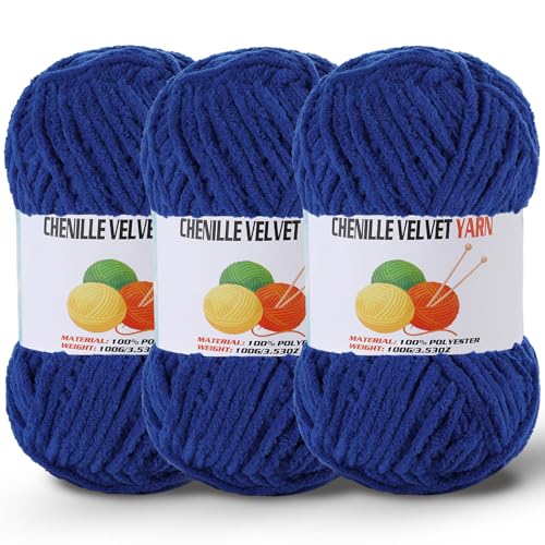 Image of 3 * 100g /3.5oz Fluffy Chenille Yarn for Crocheting, Chunky Velvet Yarn for Crochet Amigurumi, Used for Making Baby Yarns Blanket, Clothes, Pattern Knitting Creations (Sapphire Blue)