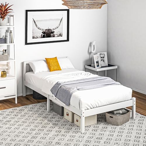 HOMCOM Cadre de lit en Bois Massif 90x190 cm Lit Simple avec tête de lit et Sommier à Lattes Solide pour Enfants Adultes Blanc