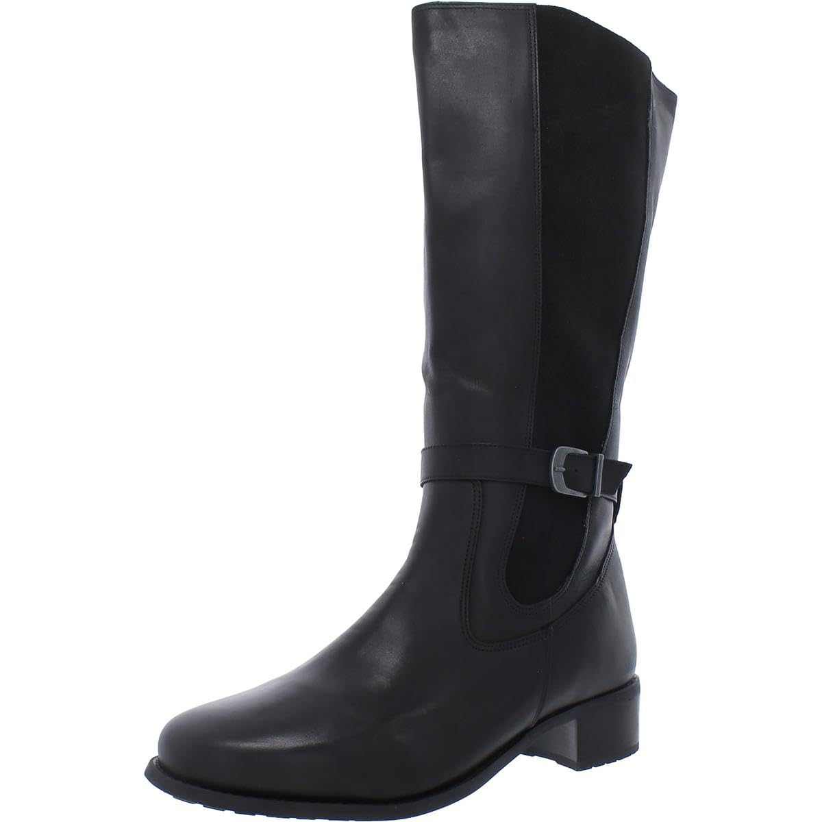 stacked heel knee high boots