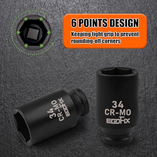 Image of 1 /2 inch Drive Deep Impact Socket, 34mm Metric Socket, Axle Nut Socket CR-MO 6 Point for Easy Removal of Axle Shaft Nuts