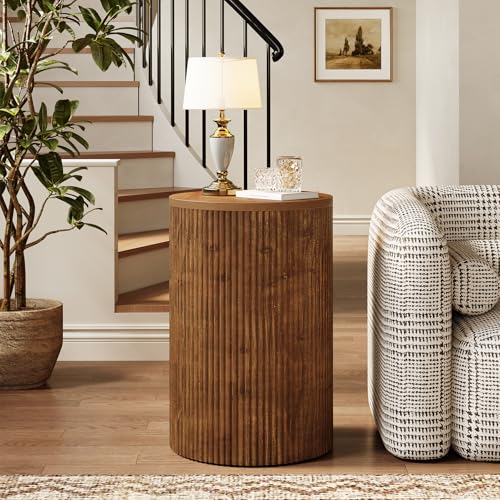 Solid Wood Round Side Table with Storage, No-Assembly Fluted End Table with 4 Wheels, Wooden Nightstand for Small Spaces, Living Room, Bedroom (Fully Assembled) - Image 3