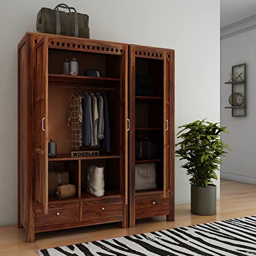 Image of WOODLAB Furniture Sheesham Wood 3 Door Wardrobe Storage with 3 Drawers Wooden Multipurpose Almirah for Home Living Room - Natural Finish