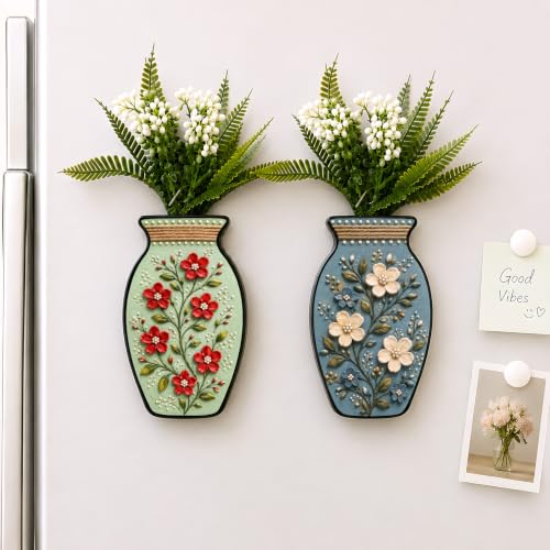 Image of Regalo Casila Magnetic Artificial Flower Vase Fridge Magnets Set of 2 Floral Botanical Art Decorative Refrigerator Kitchen Home Office Decor Housewarming Gift