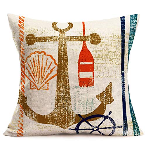 Yangyulu Vintage Marine Coastal Theme Anchor Coral Starfish Seahorses Throw Pillow Covers Cotton Linen Beach Mediterranean Ocean Decorative Couch Sofa Cushion Cover 18"X18" Set-4 (Vintage Marine) #TOP1