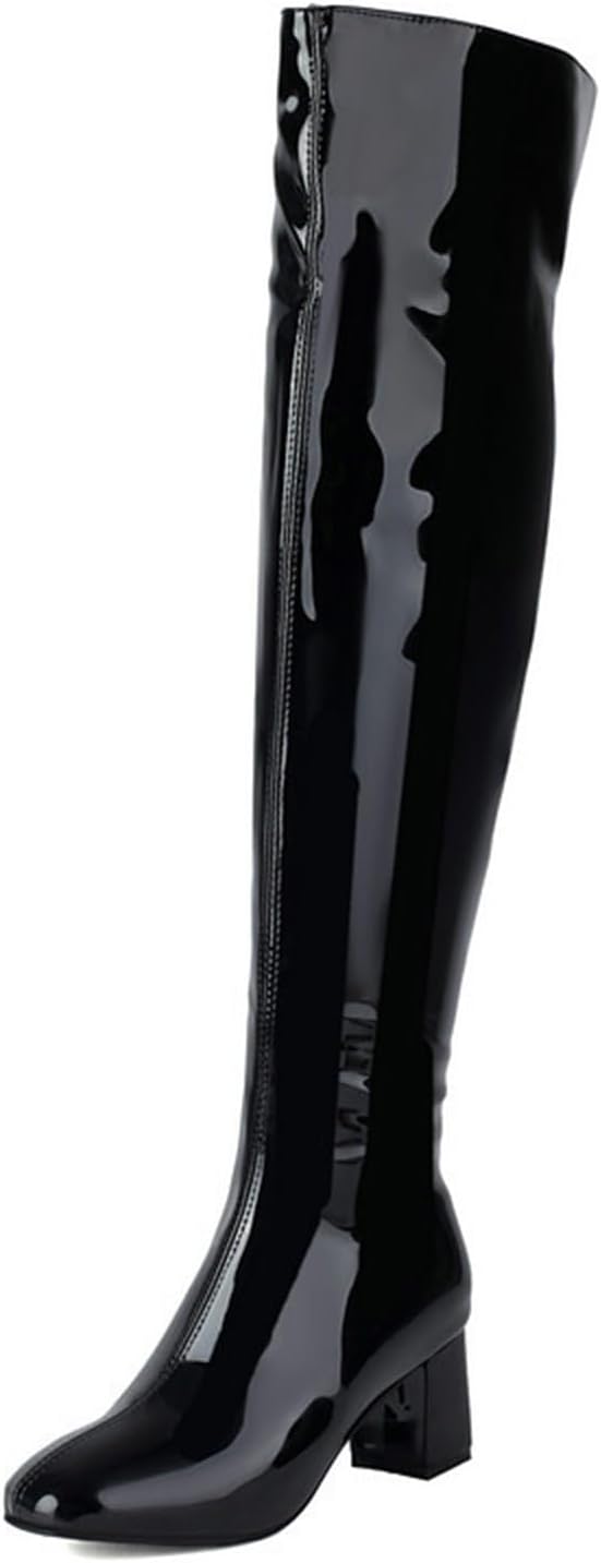 Women's Patent Leather PU Thigh High Boots Zipper Chunky Heels Fashion Comfy Prom Party Over The Knee Boots