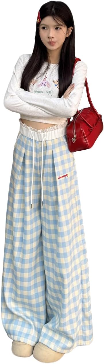 Women's Wide Leg Pants Plaid Lounge Pants High Waist Straight Casual Loose Checkered Trousers with Pockets - Image 4