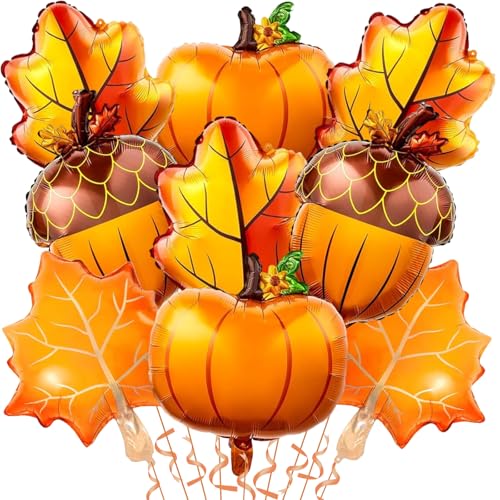 Image of Fall Balloons Thanksgiving Decorations Orange Pumpkin Maple Leaf Pine Cones Mylar Foil Balloon Harvest Autumn Balloons for Happy Thanksgiving Baby Shower Birthday Festival Fall Party Decoration