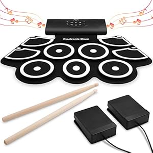 Tafelblad Elektronische Drumset [Bluetooth Upgraded Versie], Veetop Opvouwbare Roll Up Drumpad met 2 voetpedaal…