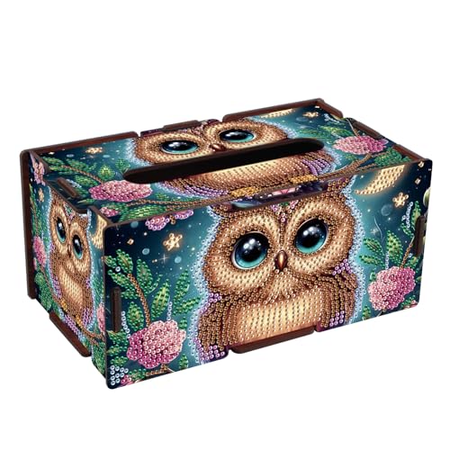 Image of DIY Diamond Painting Tissue Box, Owl Design Diamond Art Wooden Napkin Holder, Decorative Rhinestone Craft Kit for Adults, Desktop Crystal Rhinestones Art Box for Home Decor & Organizer