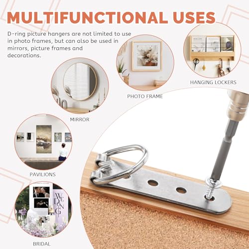Image of 20 Pack D Ring Picture Hangers with Screws, Heavy Duty 4 Holes Picture Hanging Hardware Picture Hooks for Painting Clock Mirror Photo Artwork Picture Frame with Box