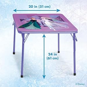 Disney Frozen Kids Folding Table & Chairs Set for Kid and Toddler 36 Months Up to 7 Years, Includes: 1 Table (24" L x 24" W x 20" H), 2 Chairs (13" L x 13.5" W x 21" H) Weight Limit: 70 lb Disney Frozen Kids Folding Table Chairs Set for Kid and Toddler 36 Months Up to 7 Years Includes 1 Table 24 L x 24 W x 20 H 2 Chairs 13 L x 135 W x 21 H Weight Limit 70 lb