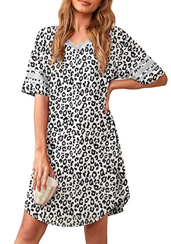 Weaczzy Women's Nightgown Short Sleeve Sleep Shirt Comfy Night Shirt V Neck Casual Loungewear (Leopard White,Large) #TOP18