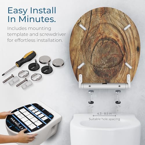 Image of Sanilo Wooden Toilet Seat with Quick Release & Soft Close [ROUND] - Decorative & Slow Close Molded Wood Seat - With One Click for Easy Installation & Cleaning - With Adjustable Fit (Rustic)