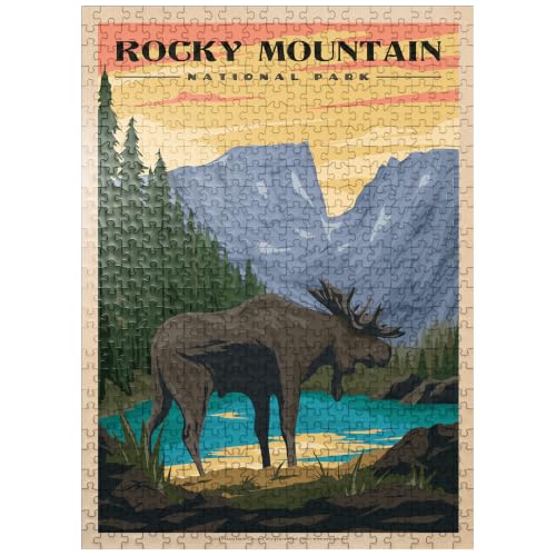 Rompecabezas MyPuzzle Parque Nacional Rocky Mountain - Alce al Amanecer en las Montañas Rocosas, Cartel Vintage de Viaje - Rompecabezas de 500 Piezas de Alta Calidad para Adultos miniatura 1