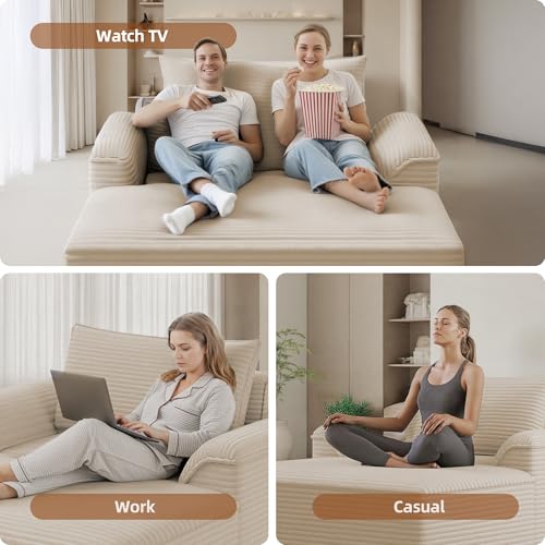 Image of Claiks 68 inch Oversized Chaise Lounge Chair Indoor, Corduroy Upholstered Boneless Sofa Bed, Deep Seat Sleeper Couch with Pillows and Armrest, Cloud Sofas Reading Chair for Living Room, Khaki