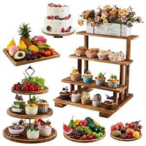 Roowest Wood Cake Stands Set of 6 Wood Dessert Tower Dessert Trays Desert Stands Cupcake Stand Rustic Wood 3 Tier Cupcake Serving Stands with Dessert Trays Farmhouse Wood for Tea Party (Brown)