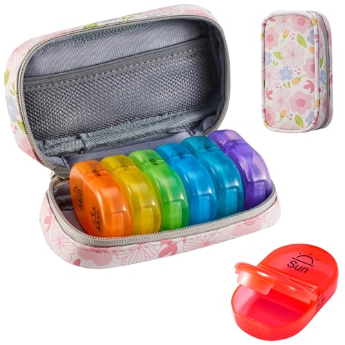 Image of Serfeymi Weekly Travel Pill Organizer 2 Times A Day AM PM Upgraded Rainbow Pill Box 7 Day with Portable Zipper PU Leather Pill Case, Medicine Organizer for Pills, Vitamins, Fish Oils - Floral 01