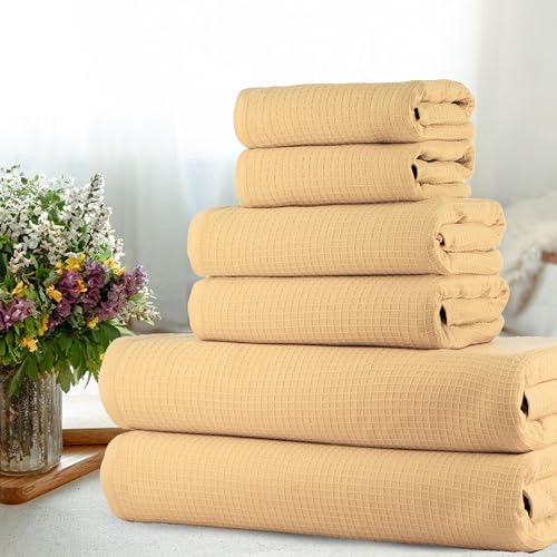 Image of Casa Copenhagen, Egyptian Cotton - Waffle Terry Towel 6 Piece Set, Includes 2 Bath Towels 2 Hand Towels 2 Washcloths - Beige