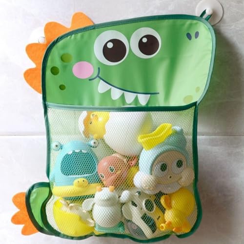 Bath Toy Storage Organiser Bath Net for Toys Baby Fold-Able Mesh Storage with 2 Suction Cups Wall Hanging Bathroom Quick Dry Net Care Shower Bag (Dinosaur)