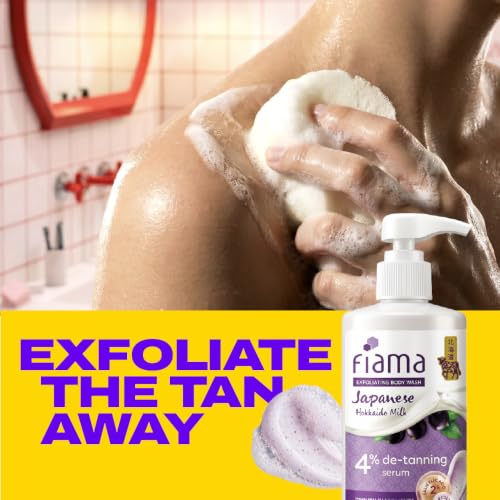 Image of Fiama 4% Detan Serum Exfoliating Body Wash 250ml, 2% Salicylic Acid, 1% Glycolic Acid, 1% Exfoliating Tan Removal Shower Gel, Gently removes dead skin | Exotic Japanese Hokkaido Milk, Punchy Grapefruit Fragrance