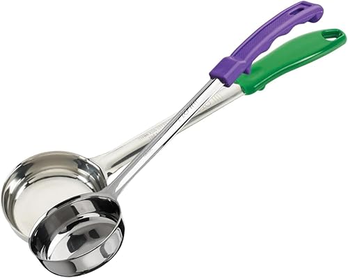 Porcionador de alimentos sólidos  4 onzas  Medio  Acero inoxidable  Paquete de 2  Mango verde y mango morado