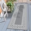 GENIMO Outdoor Rug Waterproof for Patio, 2.5'x8' Foldable Reversible Plastic Straw Runner Rugs and Carpet for Porch, Outside Area Mat for Rv, Deck, Picnic, Camper, Balcony, Beach, Grey & White
