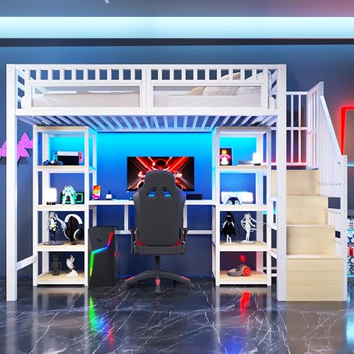 Azkoeesy Cama alta Gaming metálica resistente para adolescentes y adultos, con escritorio, armario, 8 compartimentos de almacenamiento, escalera ahorra espacio, LED, puerto USB y toma eléctrica